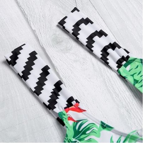 Shoulder Strap Backless Padded Leaf Print Low Waist Two-piece Women Bikini Set (BLUE GREEN