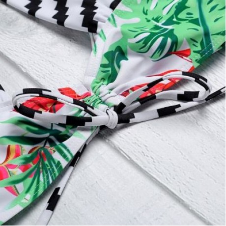 Shoulder Strap Backless Padded Leaf Print Low Waist Two-piece Women Bikini Set (BLUE GREEN