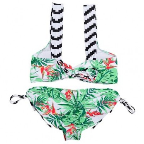 Shoulder Strap Backless Padded Leaf Print Low Waist Two-piece Women Bikini Set (BLUE GREEN