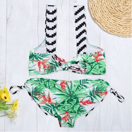 Shoulder Strap Backless Padded Leaf Print Low Waist Two-piece Women Bikini Set (BLUE GREEN