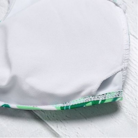 Shoulder Strap Backless Padded Leaf Print Low Waist Two-piece Women Bikini Set (BLUE GREEN