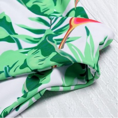 Shoulder Strap Backless Padded Leaf Print Low Waist Two-piece Women Bikini Set (BLUE GREEN