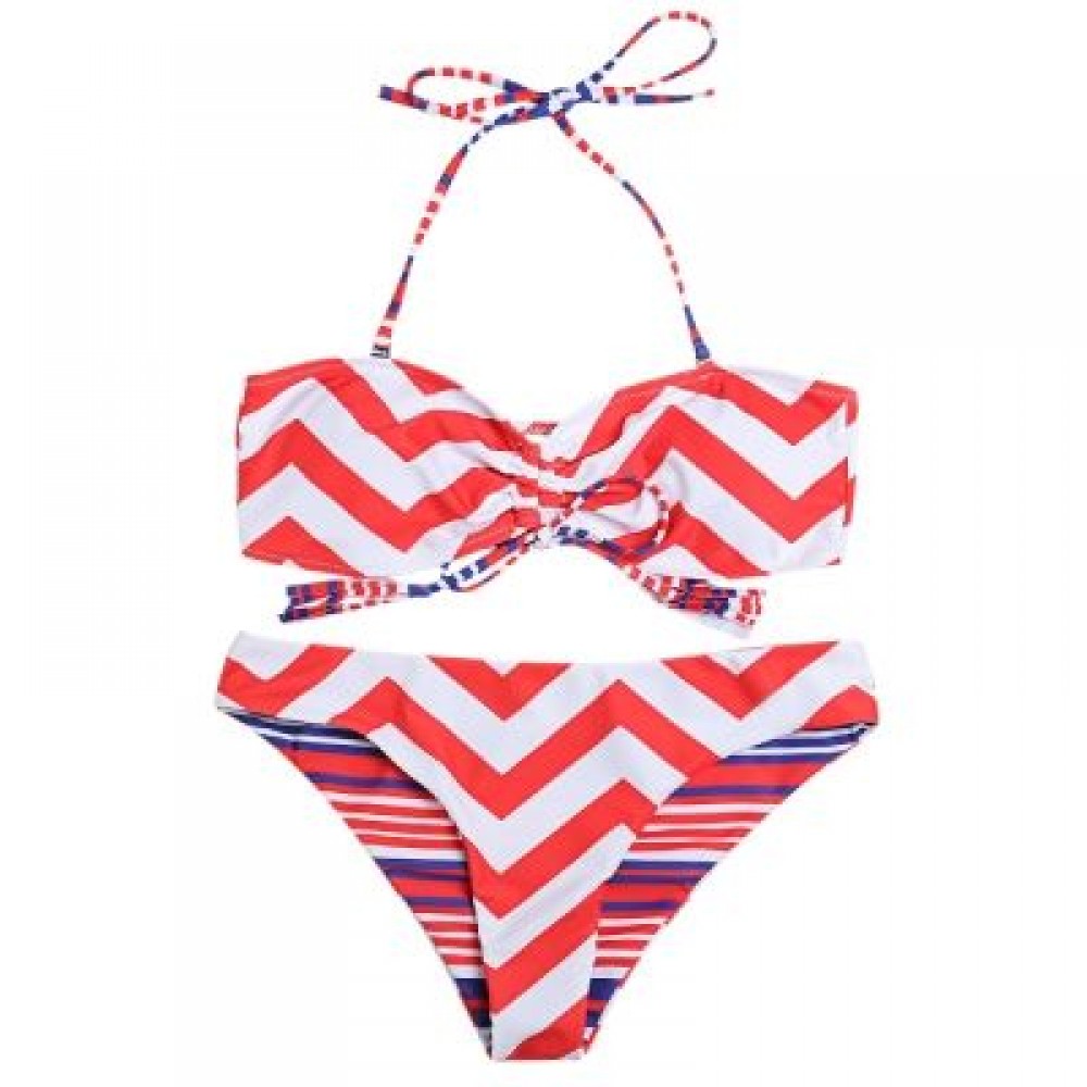 Halter Neck Backless Padded Chevron Stripe Low Waist Women Bikini Set (RED)