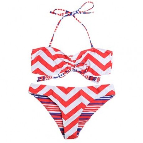 Halter Neck Backless Padded Chevron Stripe Low Waist Women Bikini Set (RED)