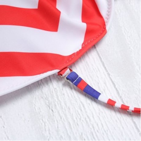 Halter Neck Backless Padded Chevron Stripe Low Waist Women Bikini Set (RED)