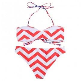 Halter Neck Backless Padded Chevron Stripe Low Waist Women Bikini Set (RED)