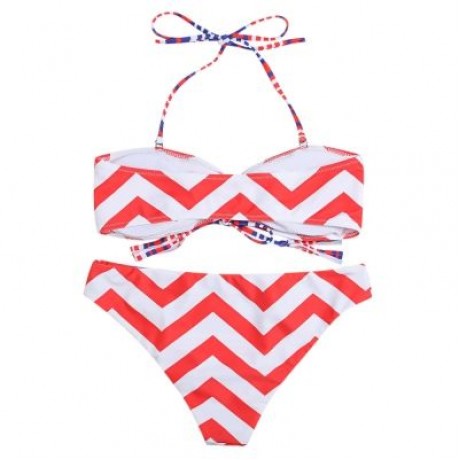 Halter Neck Backless Padded Chevron Stripe Low Waist Women Bikini Set (RED)