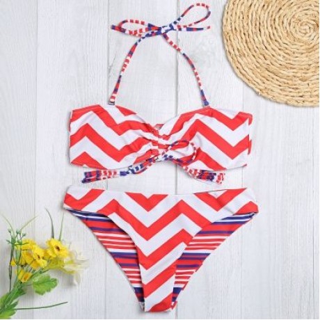 Halter Neck Backless Padded Chevron Stripe Low Waist Women Bikini Set (RED)