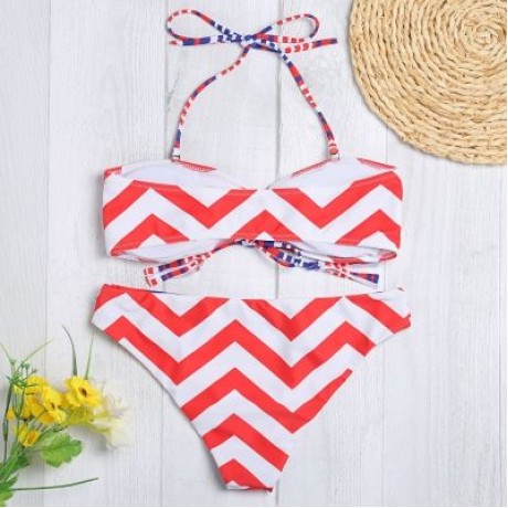 Halter Neck Backless Padded Chevron Stripe Low Waist Women Bikini Set (RED)