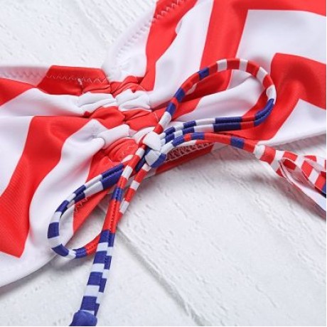 Halter Neck Backless Padded Chevron Stripe Low Waist Women Bikini Set (RED)