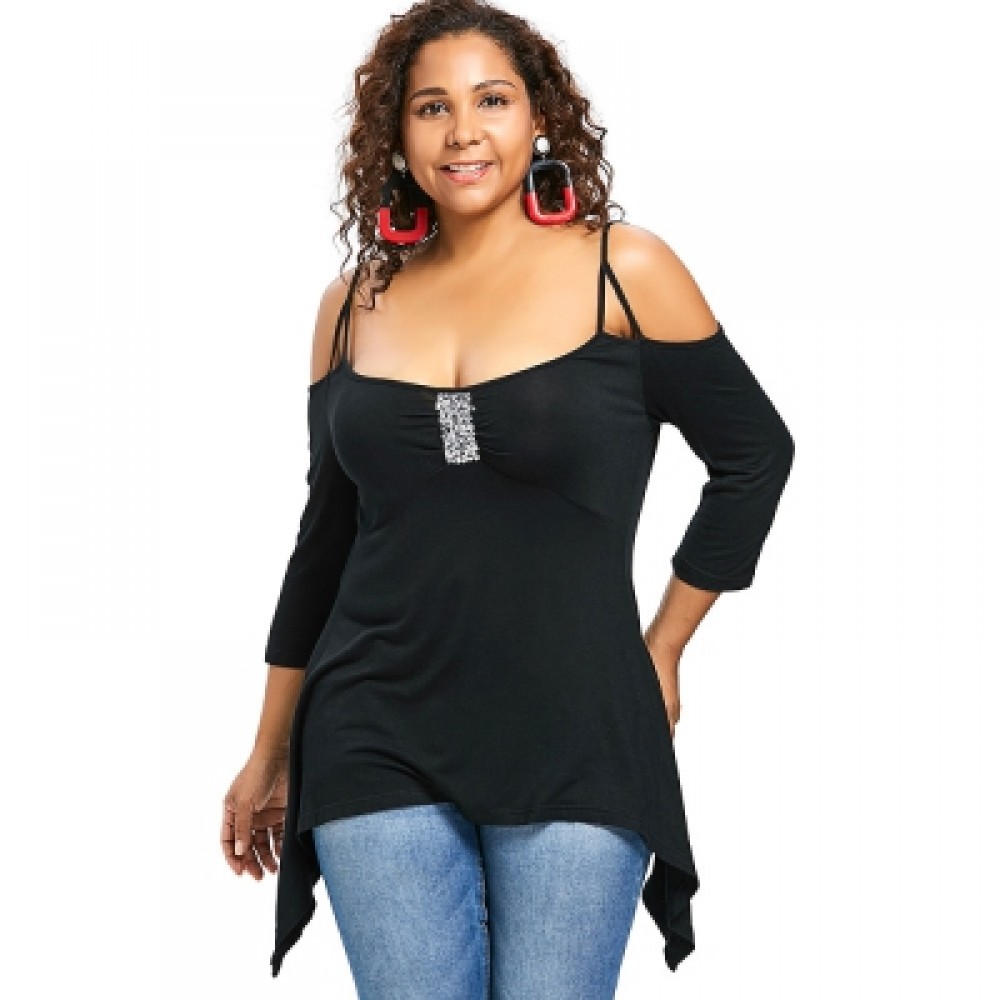 Plus Size Three Quarter Sleeve Sequins Embellished T-shirt (BLACK)