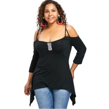 Plus Size Three Quarter Sleeve Sequins Embellished T-shirt (BLACK)