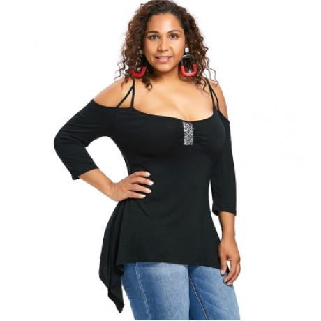 Plus Size Three Quarter Sleeve Sequins Embellished T-shirt (BLACK)