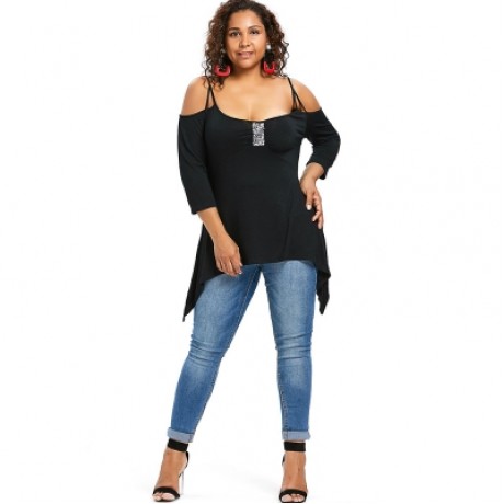 Plus Size Three Quarter Sleeve Sequins Embellished T-shirt (BLACK)
