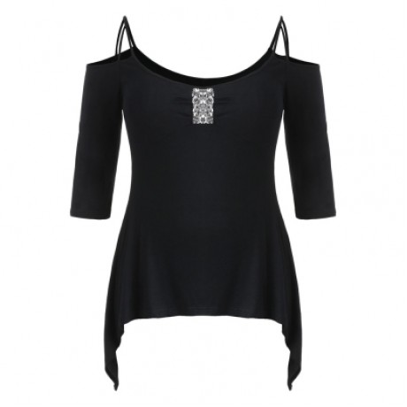 Plus Size Three Quarter Sleeve Sequins Embellished T-shirt (BLACK)