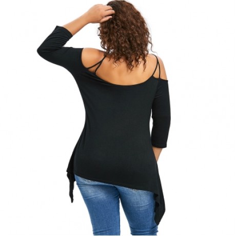 Plus Size Three Quarter Sleeve Sequins Embellished T-shirt (BLACK)