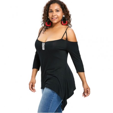 Plus Size Three Quarter Sleeve Sequins Embellished T-shirt (BLACK)