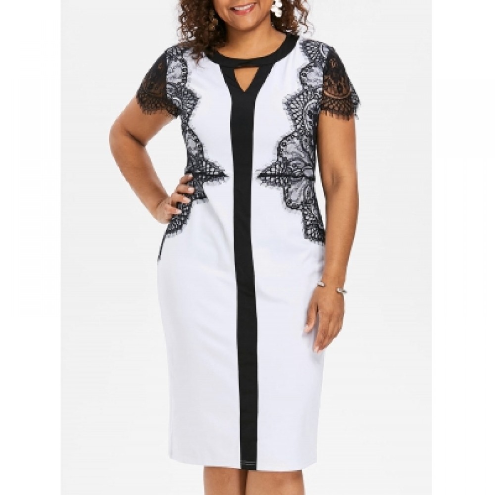 PLUS SIZE KEYHOLE NECK LACE INSERT BODYCON DRESS (WHITE)