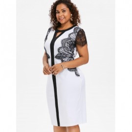 PLUS SIZE KEYHOLE NECK LACE INSERT BODYCON DRESS (WHITE)