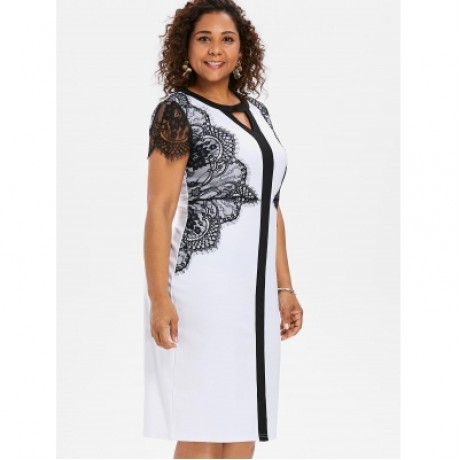 PLUS SIZE KEYHOLE NECK LACE INSERT BODYCON DRESS (WHITE)