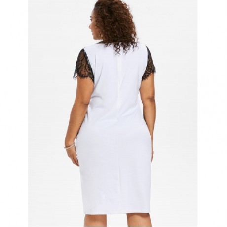 PLUS SIZE KEYHOLE NECK LACE INSERT BODYCON DRESS (WHITE)