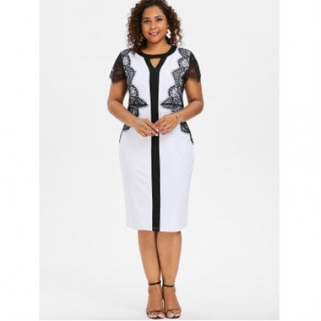 PLUS SIZE KEYHOLE NECK LACE INSERT BODYCON DRESS (WHITE)