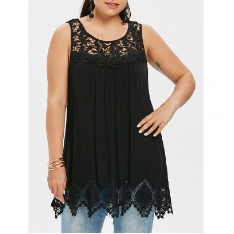 Plus Size Lace Crochet Yoke Tank Top (BLACK)