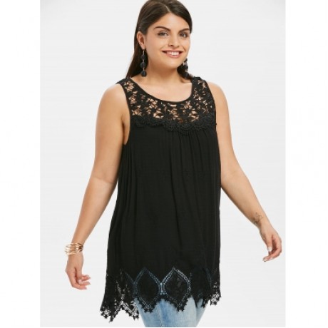Plus Size Lace Crochet Yoke Tank Top (BLACK)