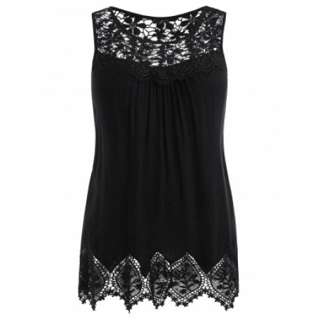 Plus Size Lace Crochet Yoke Tank Top (BLACK)