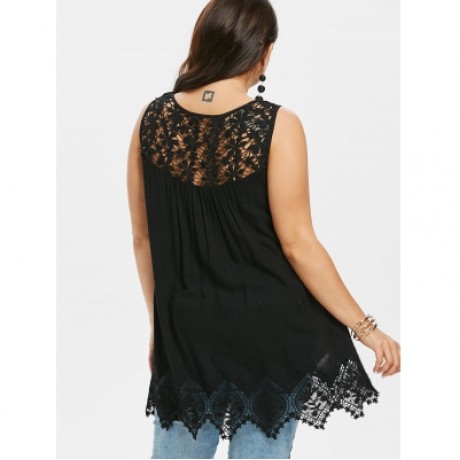 Plus Size Lace Crochet Yoke Tank Top (BLACK)