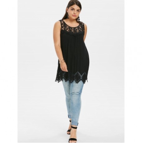 Plus Size Lace Crochet Yoke Tank Top (BLACK)
