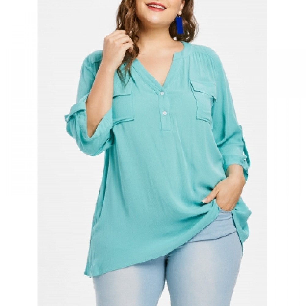 Plus Size Roll Tab Sleeve Blouse (MEDIUM TURQUOISE)