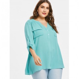 Plus Size Roll Tab Sleeve Blouse (MEDIUM TURQUOISE)