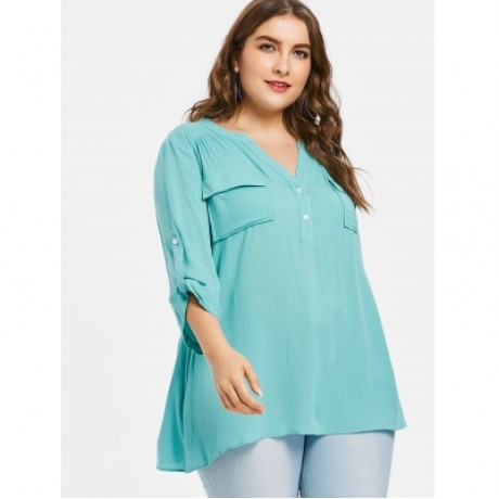 Plus Size Roll Tab Sleeve Blouse (MEDIUM TURQUOISE)