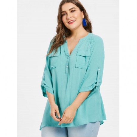 Plus Size Roll Tab Sleeve Blouse (MEDIUM TURQUOISE)