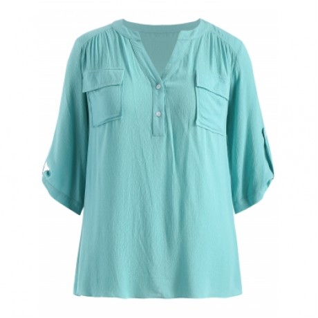 Plus Size Roll Tab Sleeve Blouse (MEDIUM TURQUOISE)