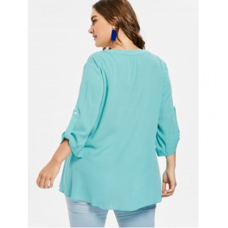 Plus Size Roll Tab Sleeve Blouse (MEDIUM TURQUOISE)