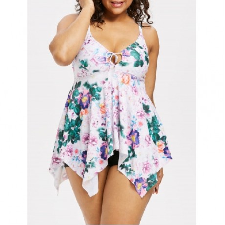 Plus Size Floral Handkerchief Tankini Swimsuit (MULTI)