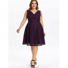 Plus Size Lace V Neck Party Dress (PURPLE)