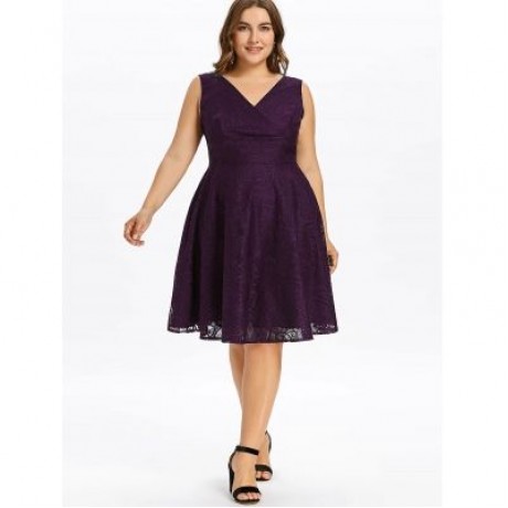 Plus Size Lace V Neck Party Dress (PURPLE)