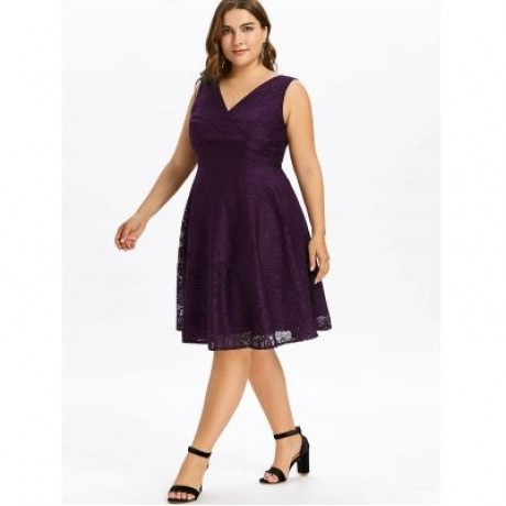 Plus Size Lace V Neck Party Dress (PURPLE)