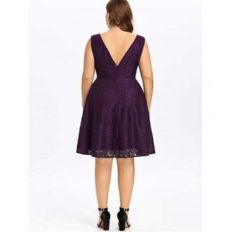 Plus Size Lace V Neck Party Dress (PURPLE)