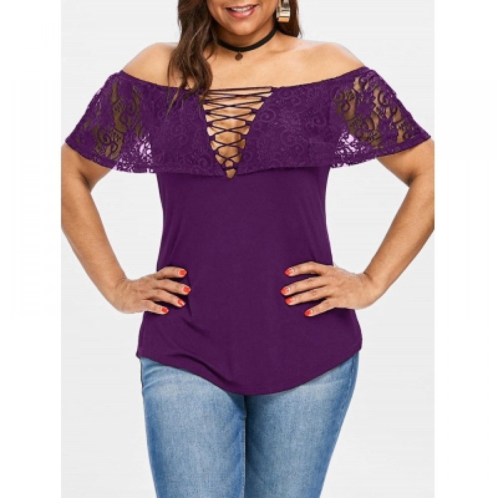 Plus Size Lace Trim Off Shoulder T-shirt (PURPLE JAM)