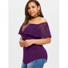 Plus Size Lace Trim Off Shoulder T-shirt (PURPLE JAM)