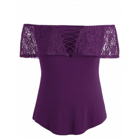 Plus Size Lace Trim Off Shoulder T-shirt (PURPLE JAM)