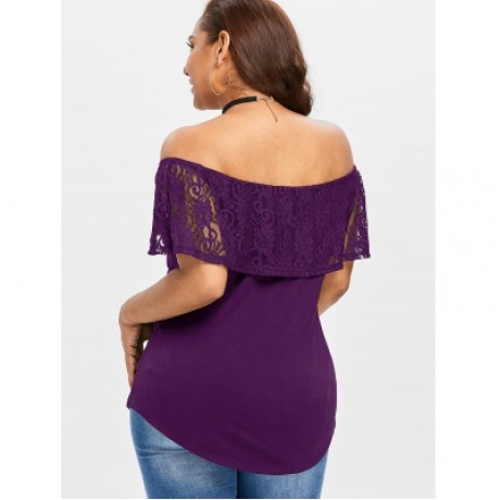 Plus Size Lace Trim Off Shoulder T-shirt (PURPLE JAM)