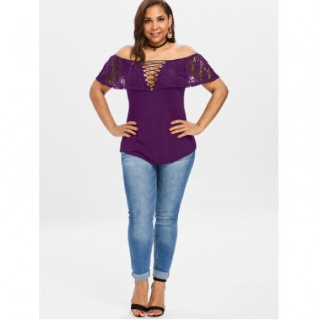Plus Size Lace Trim Off Shoulder T-shirt (PURPLE JAM)