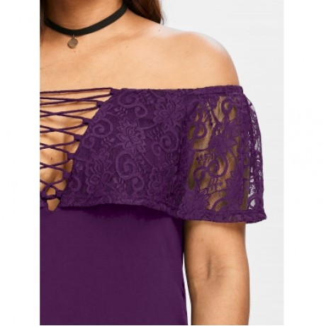 Plus Size Lace Trim Off Shoulder T-shirt (PURPLE JAM)