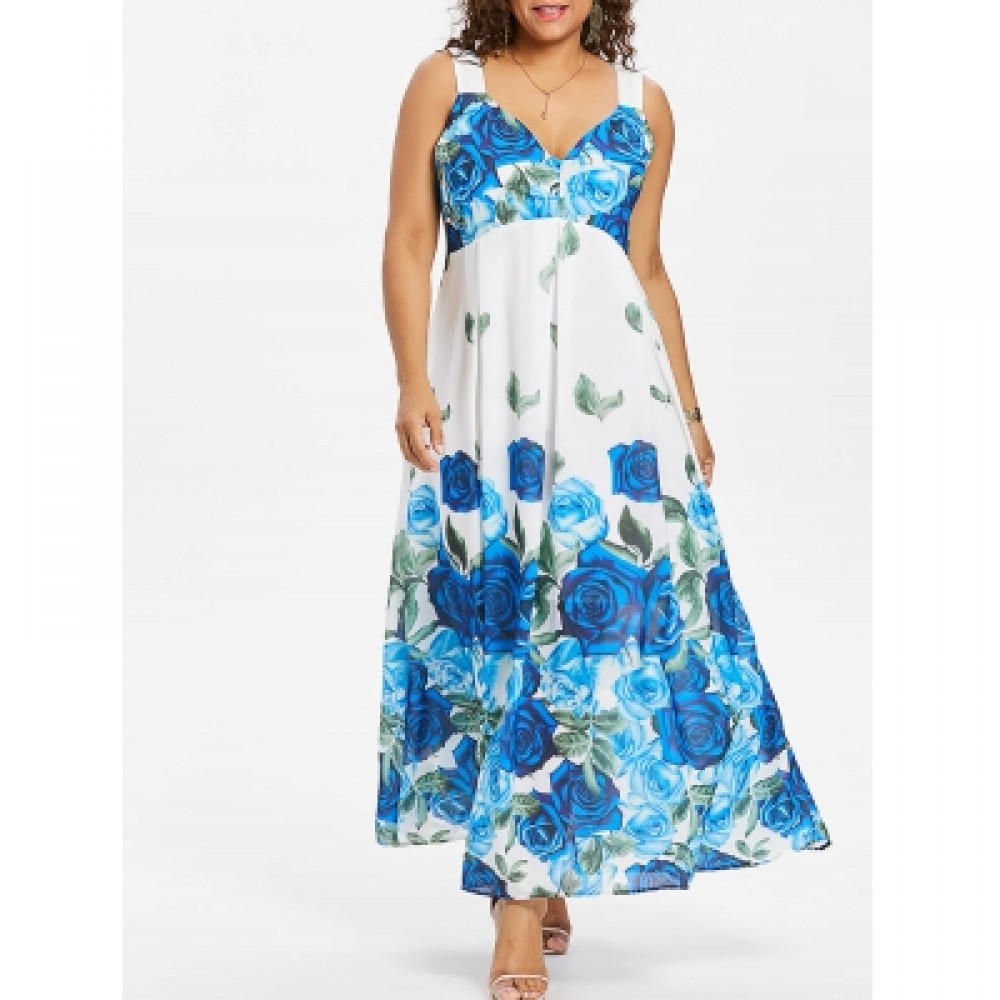 Plus Size Floral Sleeveless Maxi Dress (BLUE)