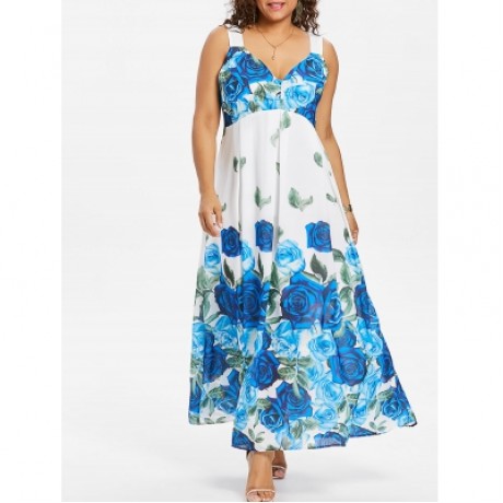 Plus Size Floral Sleeveless Maxi Dress (BLUE)